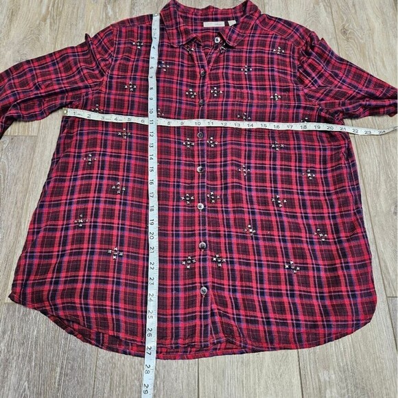 Halogen Embellished Red Plaid Button Up Shirt Blouse Women's Large Holiday - Picture 2 of 7